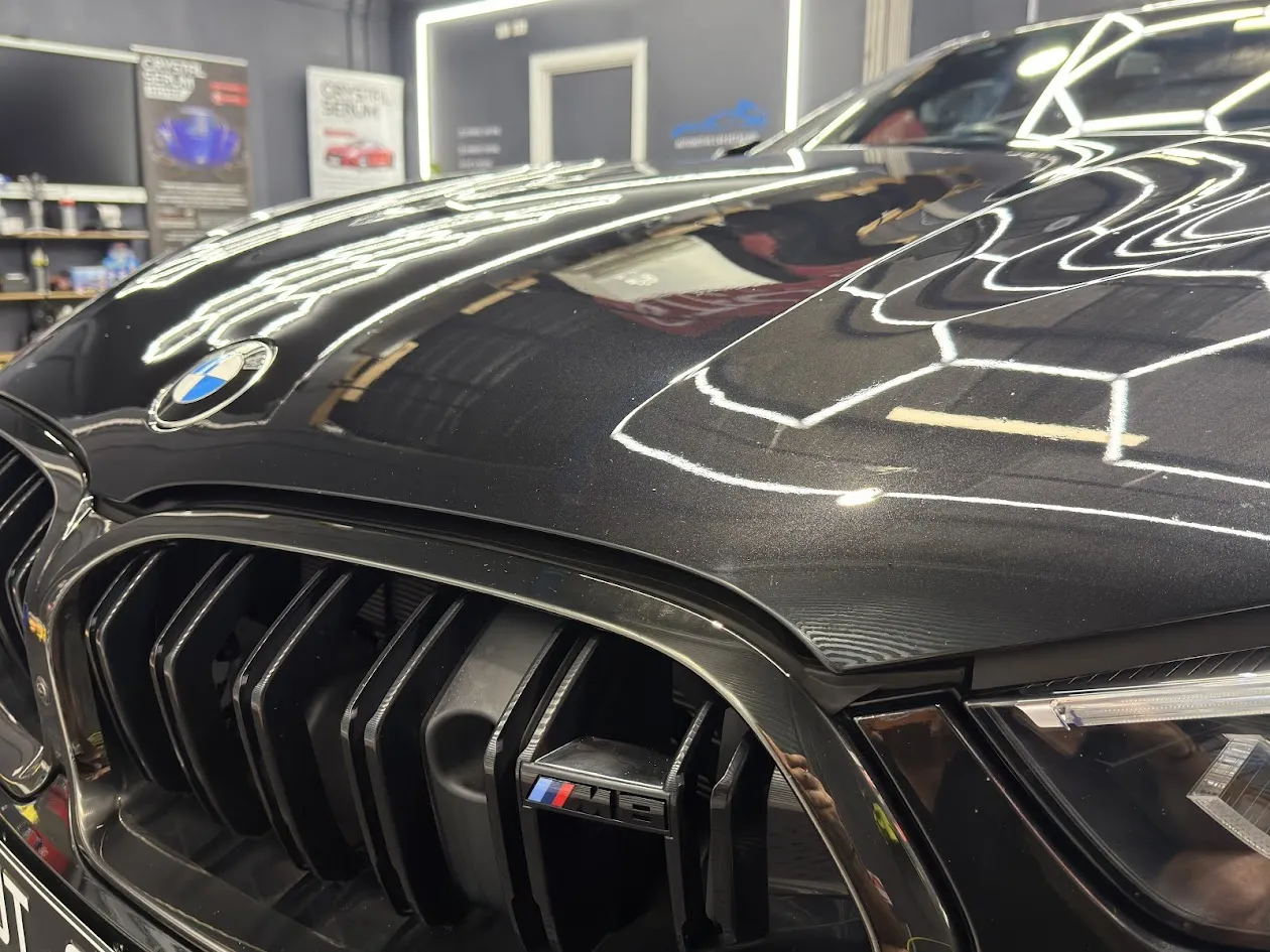 Close-up of a car's exterior with ceramic coating showing water beading, illustrating paint protection warranty
