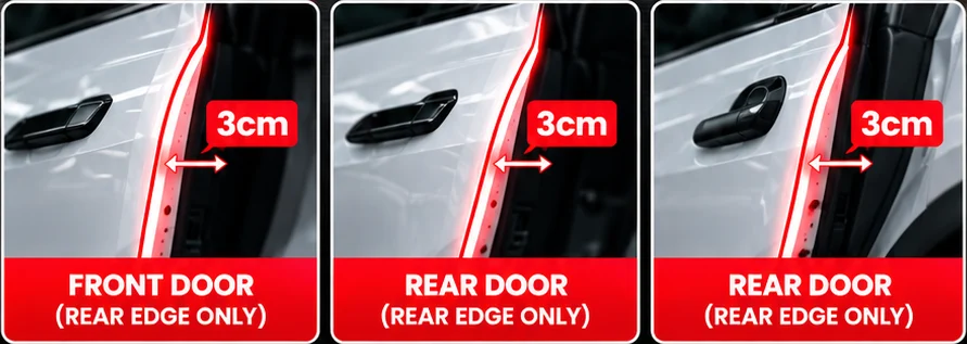 3 cm door edge PPF strip on the rear edge of the front and rear doors