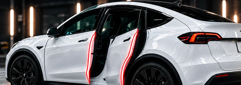 Door edge paint protection film on a Tesla Model Y