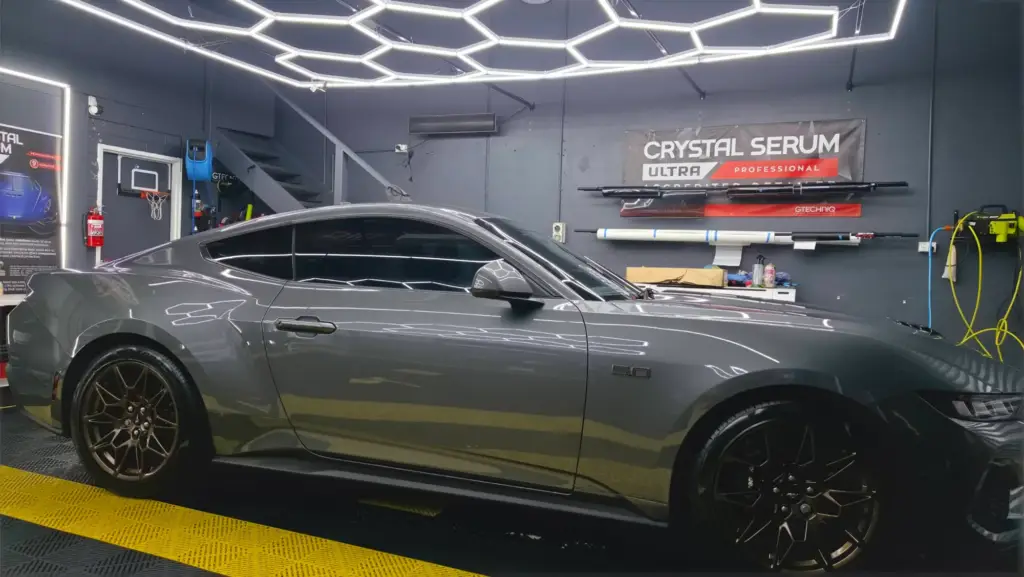 Grey Ford Mustang with paint protection film at our Keysborough workshop