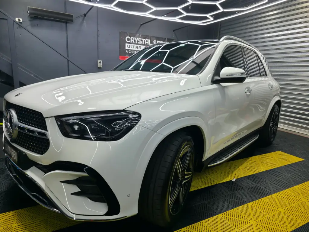 White Mercedes GLE with paint protection film at our Keysborough workshop