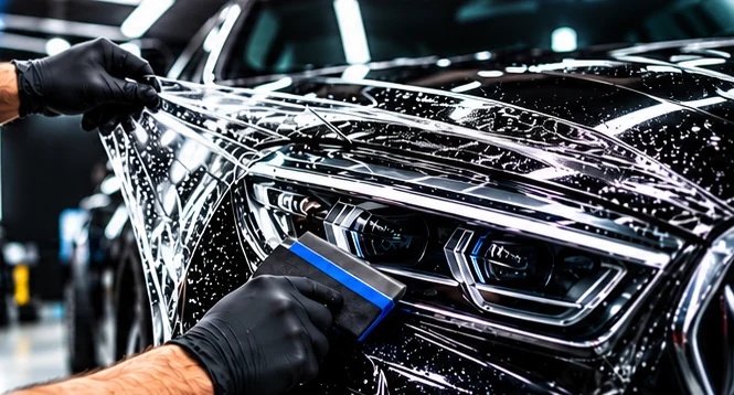 Clear paint protection film being fitted to a car bonnet