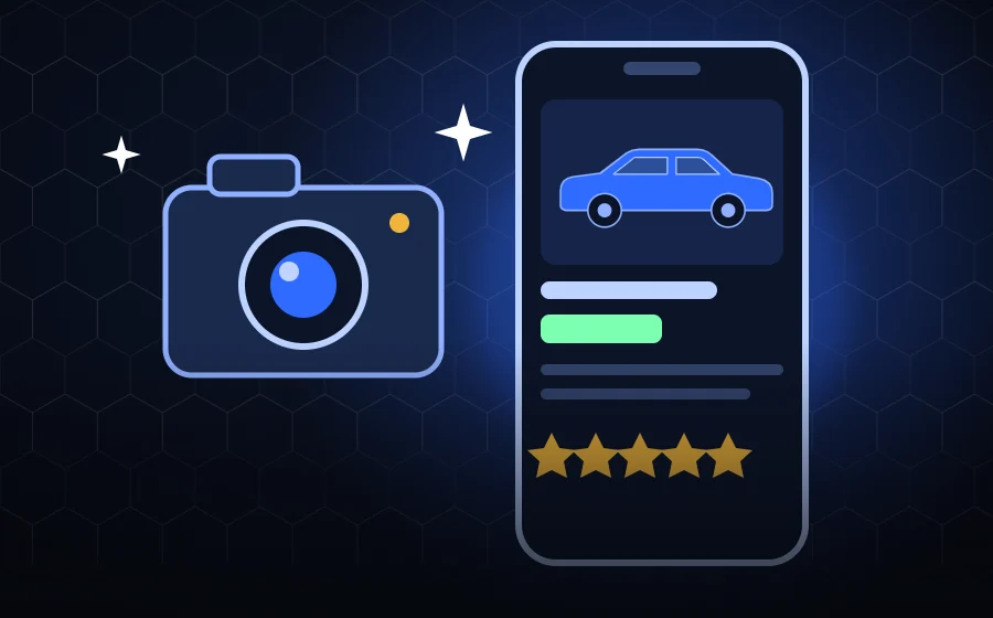 Illustration of a camera and a car listing on a phone with five stars