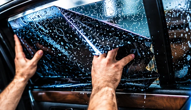 Ceramic window tint being fitted to a car window