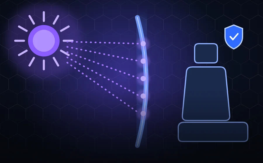 Illustration of ceramic window film blocking UV rays to protect a car seat and interior